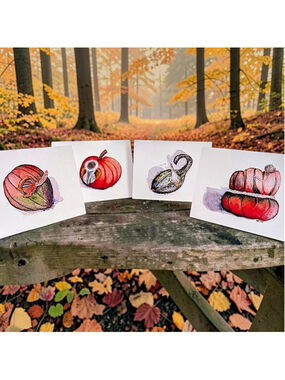 12 Watercolor Notecards: Fall Critter Butts and Gourds (4.25" x 5.5")
